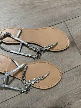 Silver Rhinestone T-Strap Sandals - Women